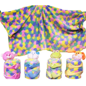 4 Assorted Plush Animals With Blankets 